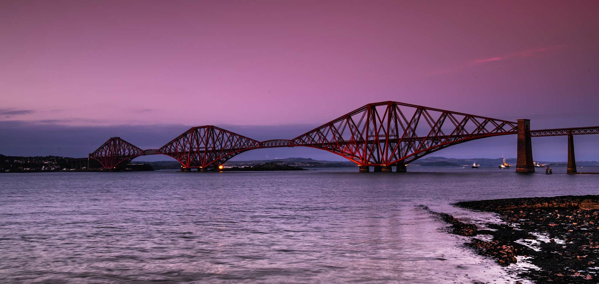 Forth bridge, red bridge on pink background