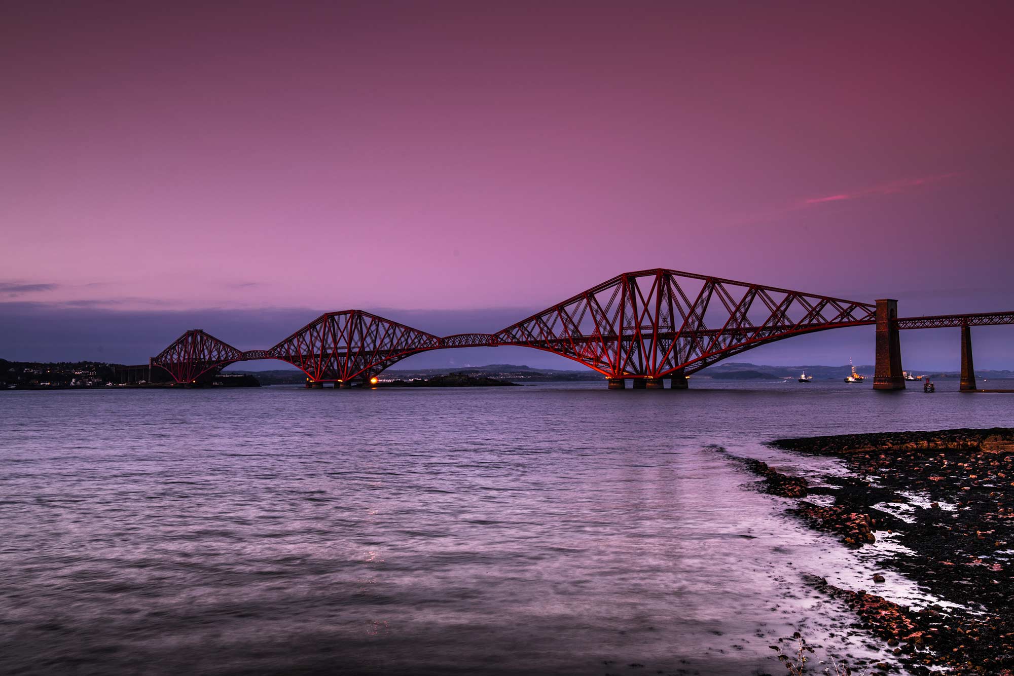 Forth bridge, red bridge on pink background